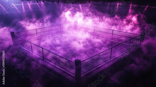 empty four-post fighting ring shrouded in thick purple fog and dramatic spotlights, evoking suspense and eerie anticipation in a dark arena