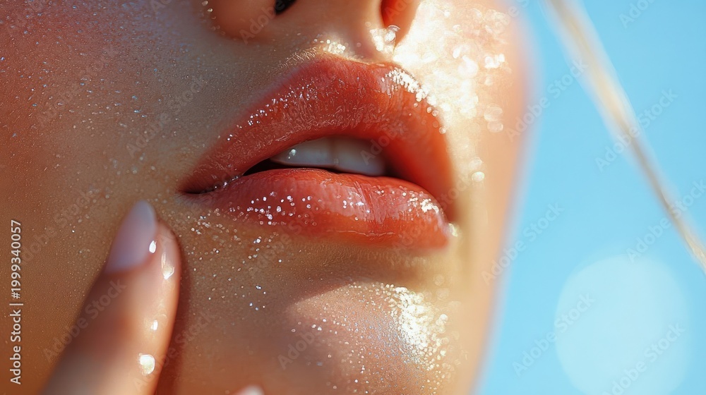 Fototapeta premium Close-up of glossy, slightly parted lips and glistening dewy skin with fingertip and sparkling moisture against bright blue sky, sensual and sunlit