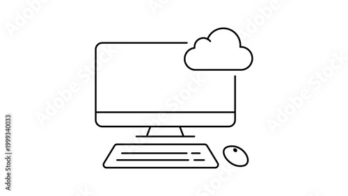 Cloud Computing and Desktop as a Service (DaaS) Minimalist Black Line Vector Icon Illustration on White Background Featuring a Computer Monitor Keyboard and Mouse with Editable Stroke Weight.