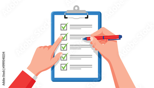 Vector hands holding a clipboard with a checklist and a red pen, marking completed tasks on a document, vector illustration of a survey or todo list
