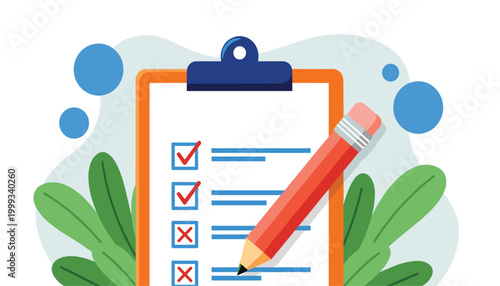 Vector clipboard with checklist and pencil icon, vector illustration of a task list with checkmarks and crosses for business planning and todo list
