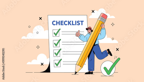 Vector person holding a giant pencil checking off items on a checklist, task completion, productivity and planning concept, vector illustration