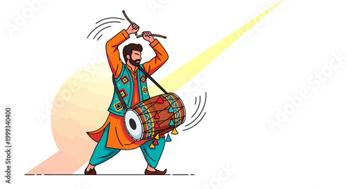 A vibrant illustration depicts a man joyfully playing the dhol drum during a Vaisakhi Baisakhi festival celebration, captured in a dynamic, full shot against a clean white background