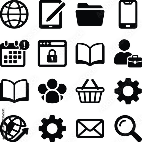 Set of simple black vector icons for business web and mobile interface design featuring communication tools and office management symbols