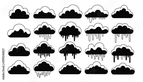 Vector set of black clouds with melting effect, vector illustration of weather icons, collection of rainy clouds