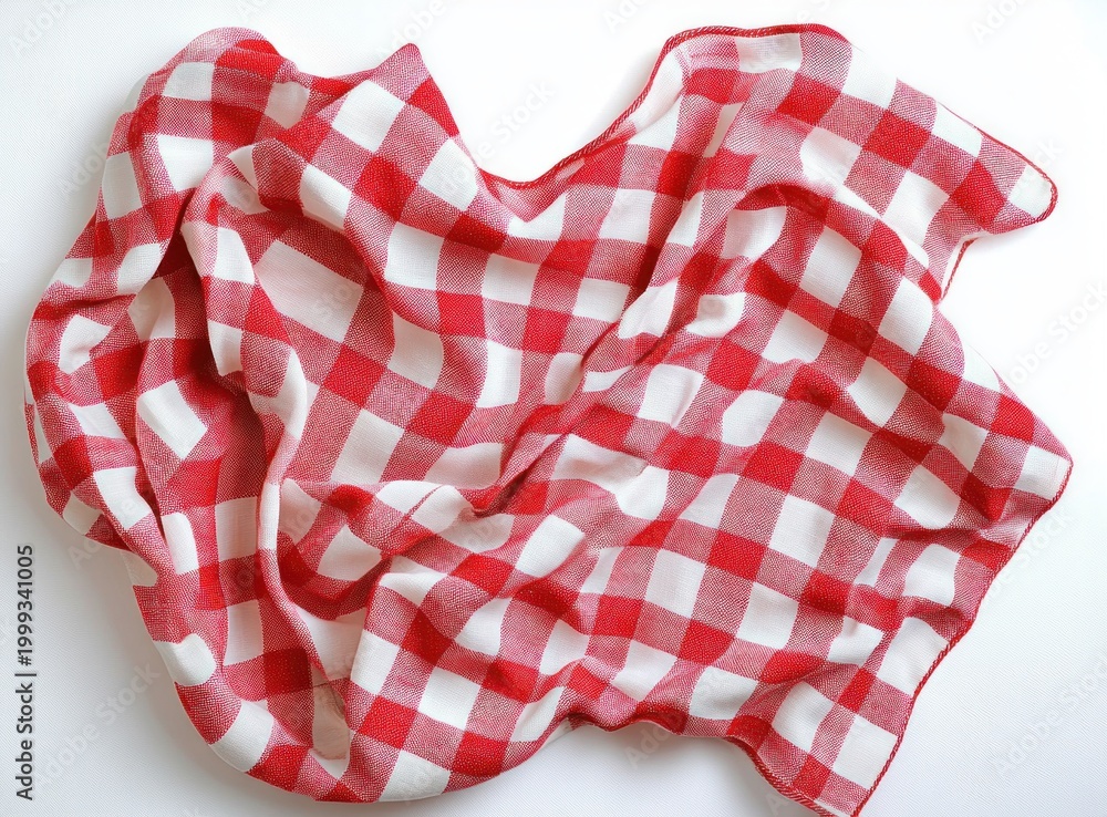 Obraz premium crumpled red and white checkered cloth on white background conveying a cozy casual picnic mood
