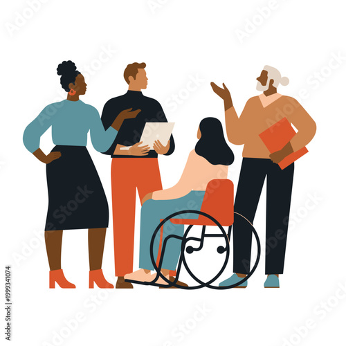 People have business talking or meeting in the office. Disabled employee in wheelchair engaged in corporate conversation. Vector illustration for inclusion, business conference, teamwork
