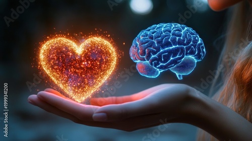 a hand presenting a glowing fiery heart and a neon blue holographic brain, evoking wonder and gentle balance between emotion and intellect