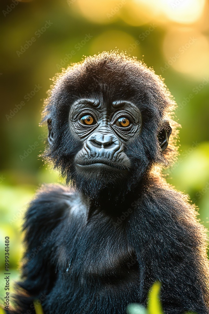 Obraz premium backlit young monkey looking over shoulder in warm golden light with soft fur and green bokeh, curious and attentive mood