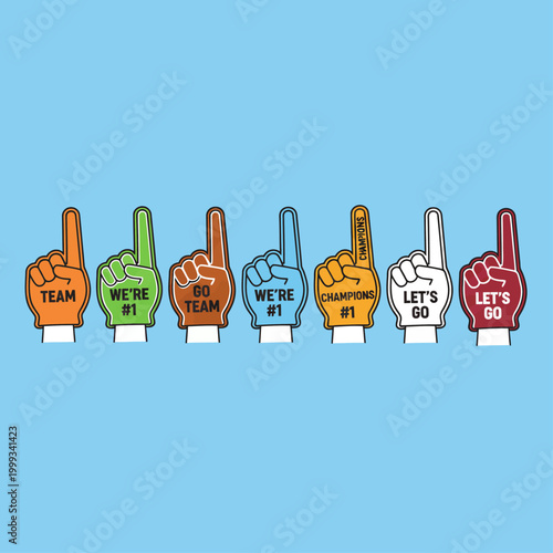 Colorful foam fingers displayed in a row with motivational phrases