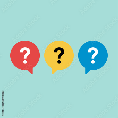 Three colorful speech bubbles with question marks are shown