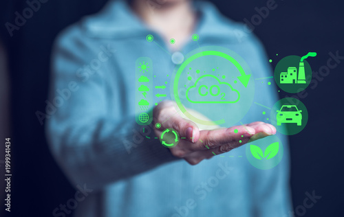 Φωτογραφία Carbon emission reduction concept with CO2 icon and green technology interface, representing sustainability, climate change action, and environmental protection in modern digital innovation