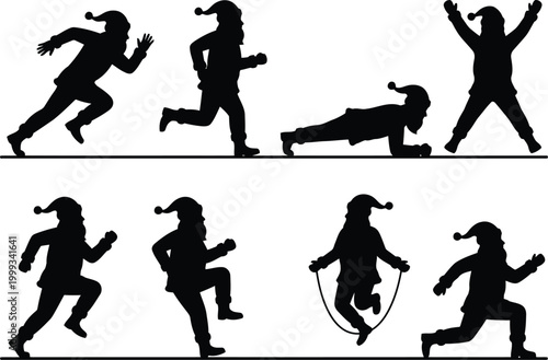 Black silhouettes of Santa Claus character doing various sports and fitness exercises like running jumping and planking for Christmas holiday season