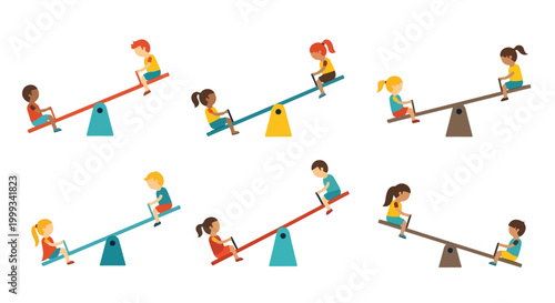 Children enjoying playtime on seesaws in a park, illustrating fun and friendship