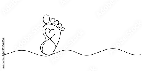 baby footprint continuous one line drawing, Continuous single line Baby foot one line style. Hand drawing. stock illustration, Little kids feet. Tiny foots. One single line drawing of feet. Continuous