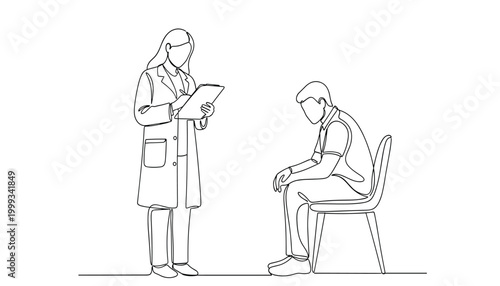 Vector continuous line drawing of a doctor consulting a patient sitting on a chair
