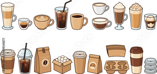 Coffee shop icon set featuring latte espresso cappuccino iced coffee takeaway cups beans sugar and cafe packaging vectors for menu design and branding.