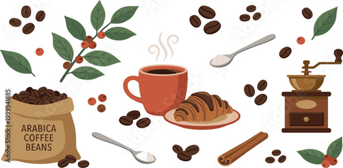 Coffee shop vector elements featuring roasted beans vintage grinder croissant cinnamon and arabica coffee plant.