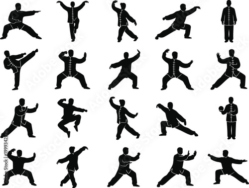 Set of black silhouettes of a person practicing tai chi and martial arts movements in various poses and stances on a simple flat design style