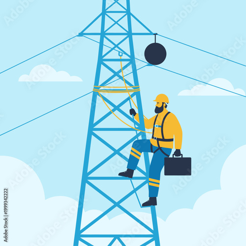 A worker climbs a tall transmission tower with a briefcase and safety gear.