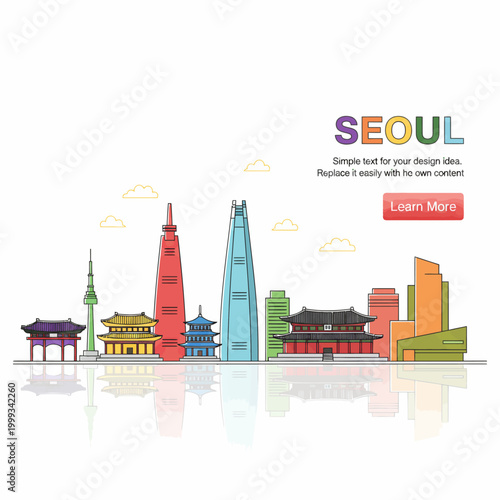 Vibrant Seoul cityscape illustration showcases iconic landmarks and diverse architecture