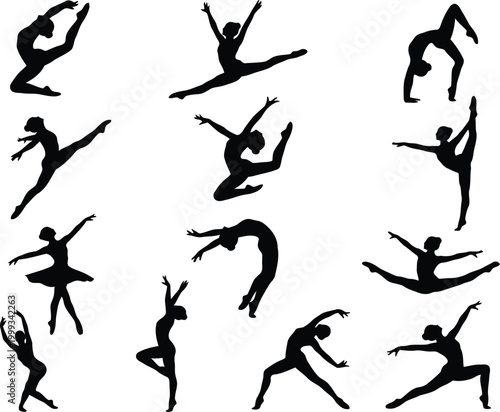 Set of black silhouettes showing female dancers and gymnasts performing various athletic poses and artistic ballet moves for performance design