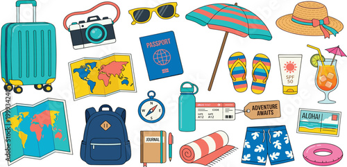 Photos Colorful vector illustration set of summer travel icons including suitcase camera passport map and beach accessories for tropical vacation planning