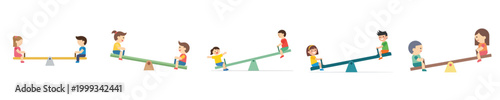 Whimsical vector illustrations depicting happy children playing on seesaws, showcasing the joy of childhood, balance, and interactive playground activities