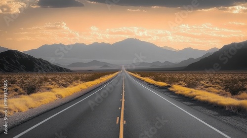 Empty two-lane road stretching straight toward distant mountain ranges at golden hour, flanked by dry yellow grasses and desert plains under a dramatic glowing sky, evoking calm and wanderlust