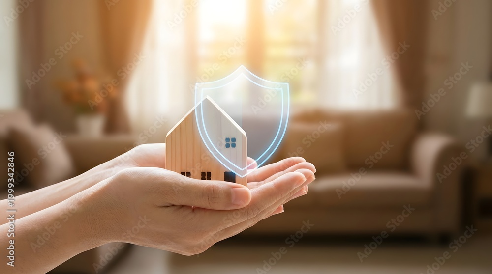 Fototapeta premium Hands cradle a miniature house under a protective shield symbolizing home security and insurance