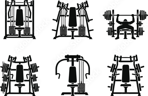 Set of black icons showing various gym workout machines and exercise equipment for bodybuilding and strength training in a fitness center