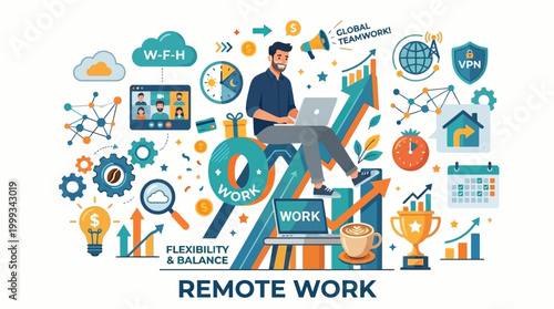 Man sitting on large data graph surrounded by icons working remotely