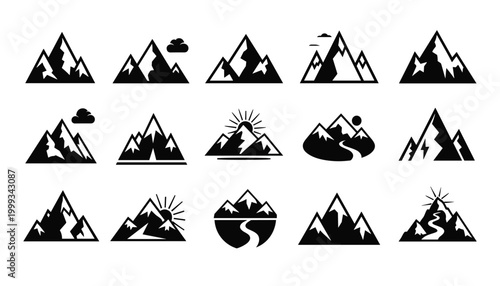 Vector set of mountain icons, vector illustration of mountain peaks, rocky ranges, and snowy summits for adventure, travel, and outdoor design elements