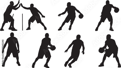 Black Solid Basketball Pick and Roll Silhouettes Set of Six on White Background