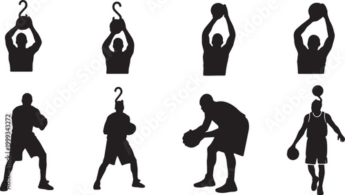 Black Solid Basketball Post-Up Silhouettes Set of Six on White Background