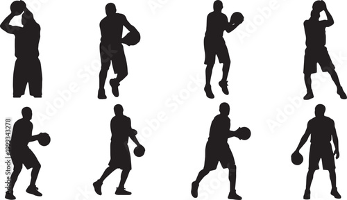 Black Solid Basketball Post Drive Silhouettes Set of Six on White Background