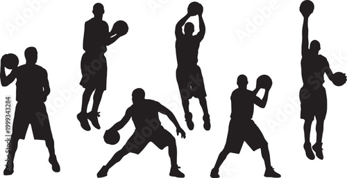 Black Solid Basketball Pro-Hop Silhouettes Set of Six on White Background