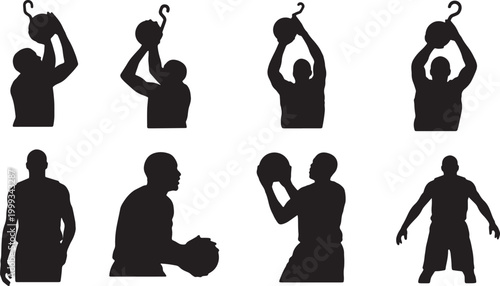 Black Solid Basketball Post-Up Silhouettes Set of Six on White Background