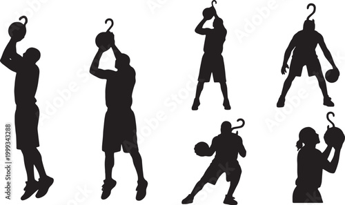 Black Solid Basketball Post-Up Silhouettes Set of Six on White Background