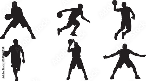Black Solid Basketball Pump Fake Silhouettes Set of Six on White Background