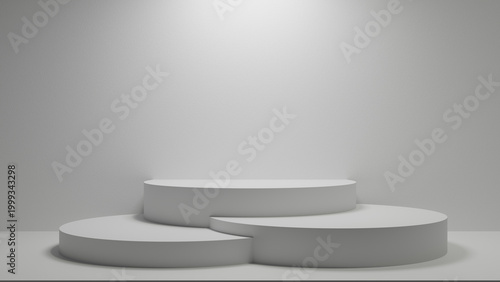 White empty round cylinder podiums in empty white room and spotlight