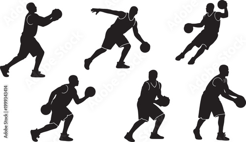Black Solid Basketball Screen Silhouettes Set of Six on White Background