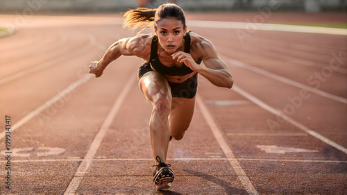 Woman running on race track, female professional athlete training on stadium for competition and fitness, sprinter exercising