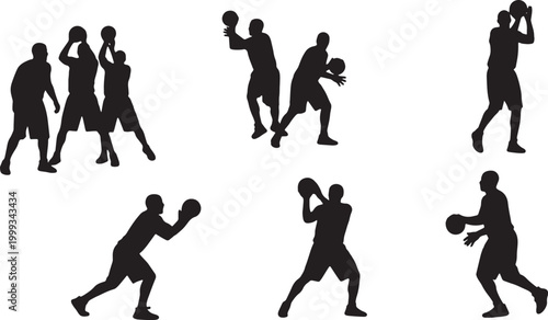 Black Solid Basketball Screen Away Silhouettes Set of Six on White Background