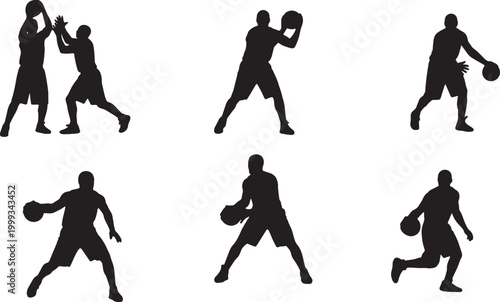 Black Solid Basketball Screen Away Silhouettes Set of Six on White Background