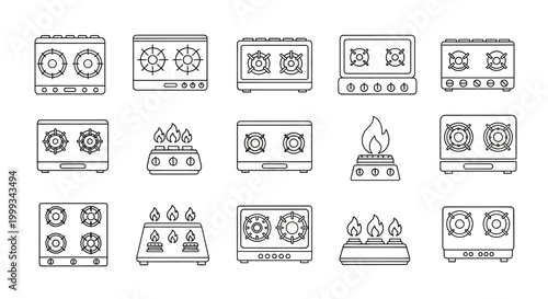 Gas stove icons set with flames and different burner configurations