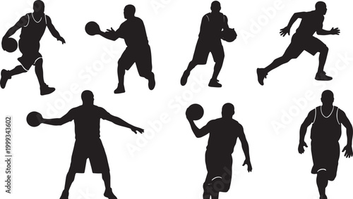 Black Solid Basketball Transition Run Silhouettes Set of Six on White Background