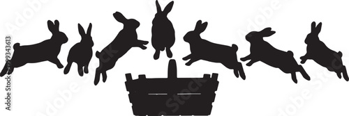 Black Solid Basket Jump Bunny Silhouettes Set of Six on White Background