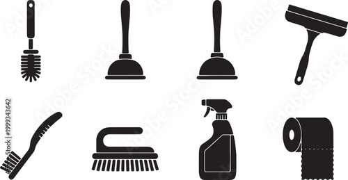 Black Solid Home Bathroom Cleaning Tools Silhouettes Set of Six