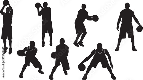 Black Solid Basketball Jab Step Silhouettes Set of Six on White Background